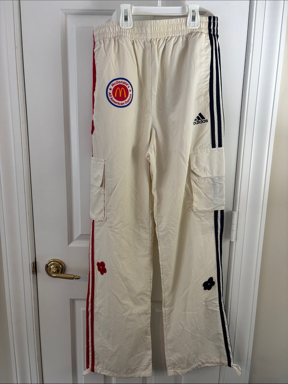 adidas McDonald’s All American Cream Cargo Track Pants with Red & Black Stripes